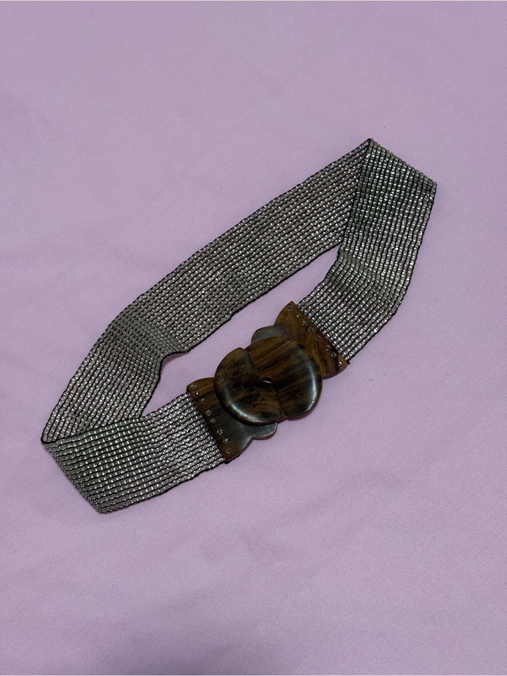 Y2K Boho Beaded Silver Stretch Waist Belt with Interlocking Wooden Buckle